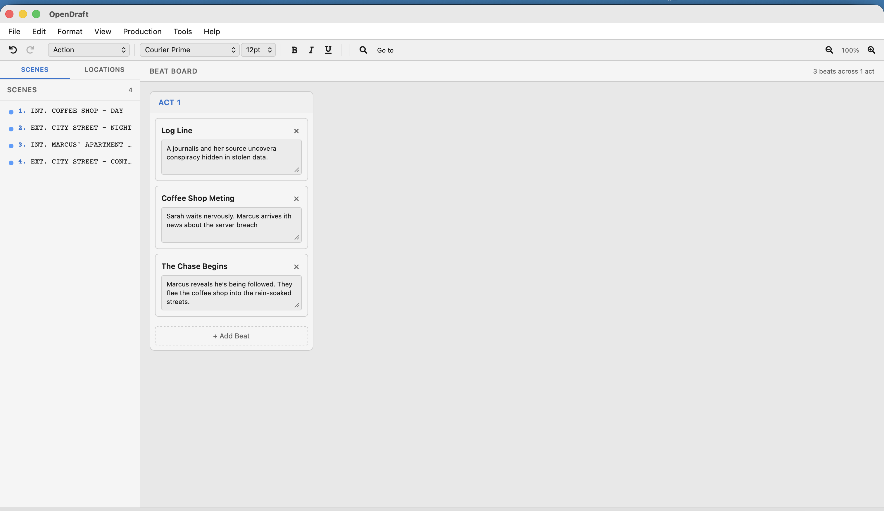 Beat Board showing beats organized by act with titles and descriptions