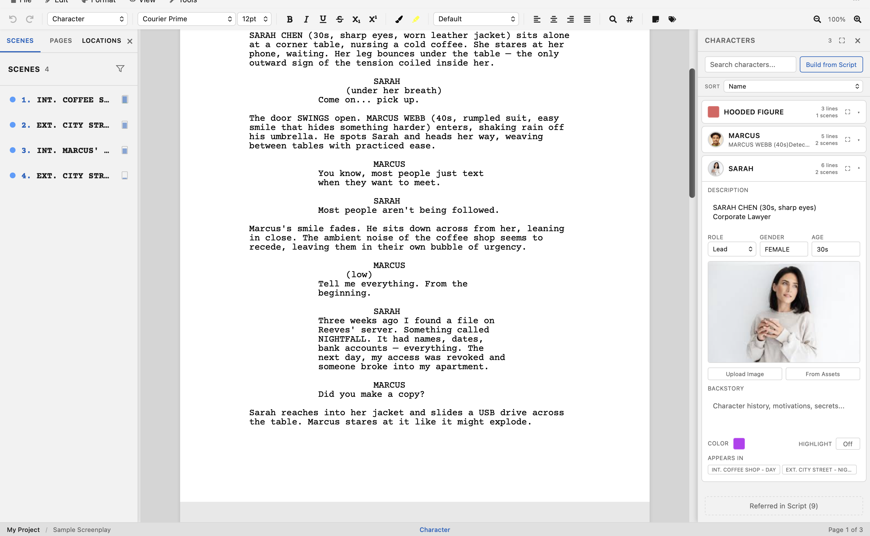Characters panel showing character list with profile details, avatar, role, gender, and age
