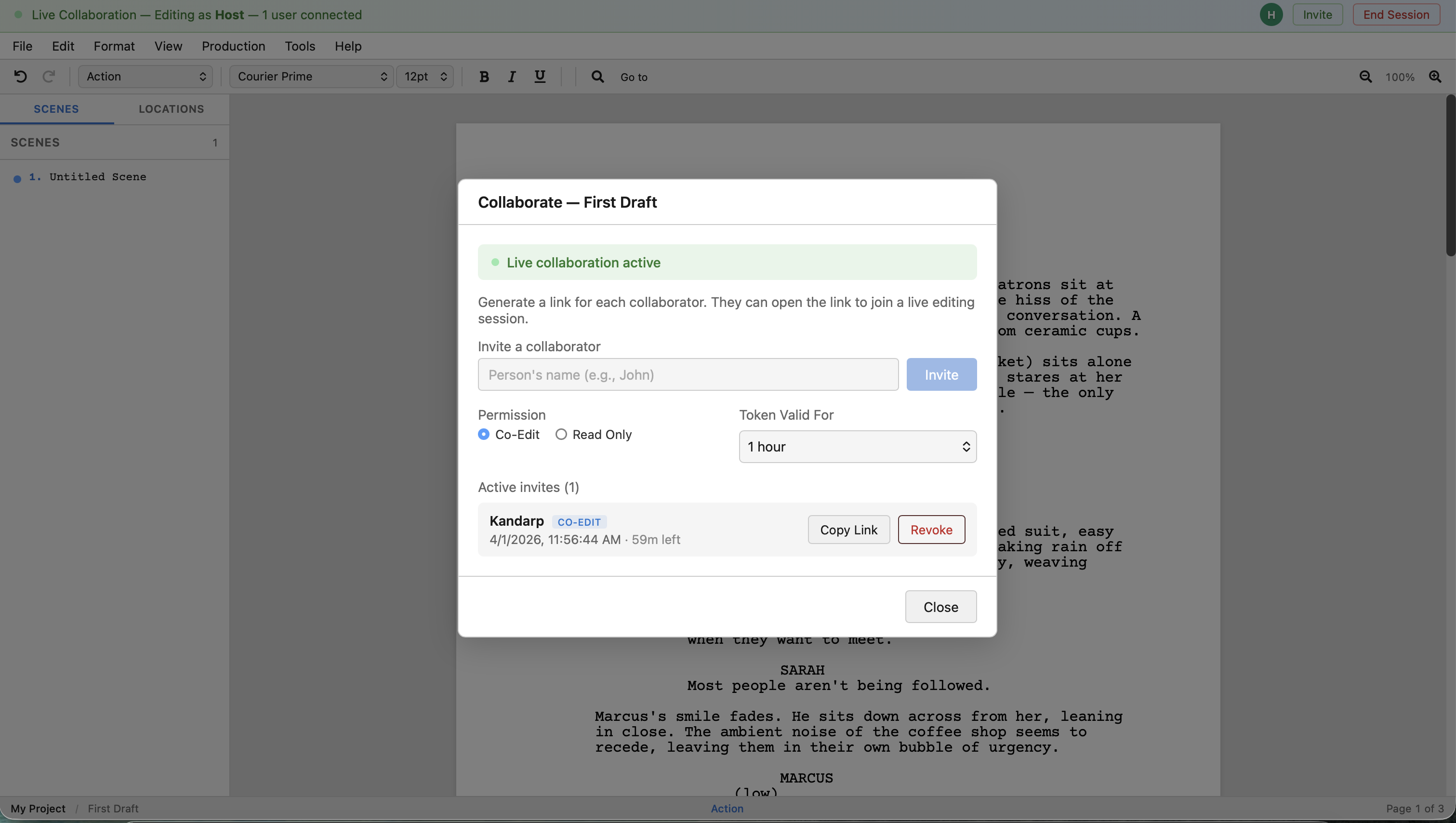 Collaboration Share dialog showing invite creation with permission and token validity options