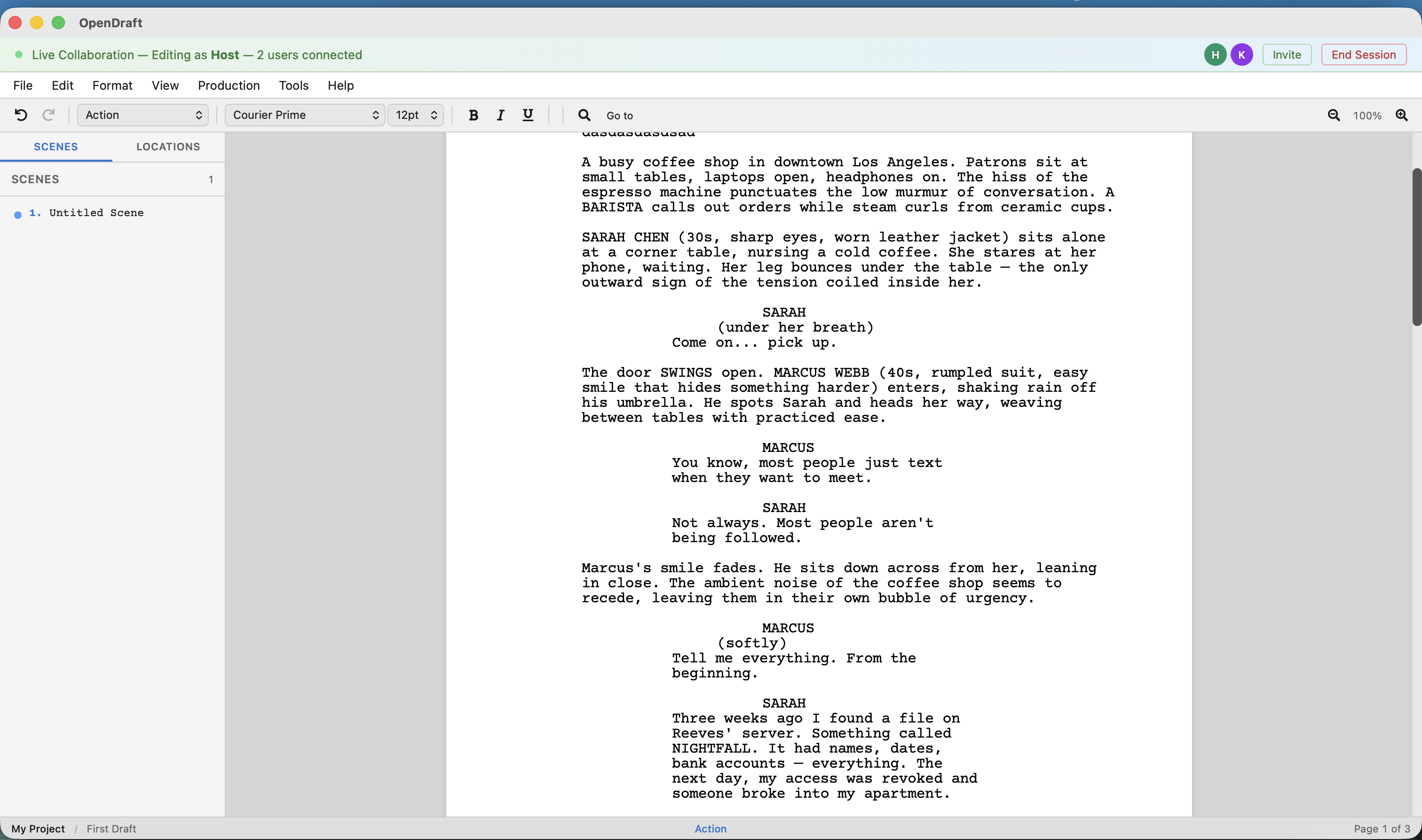 Live collaboration session with two users connected, showing colored cursors and the collaboration bar