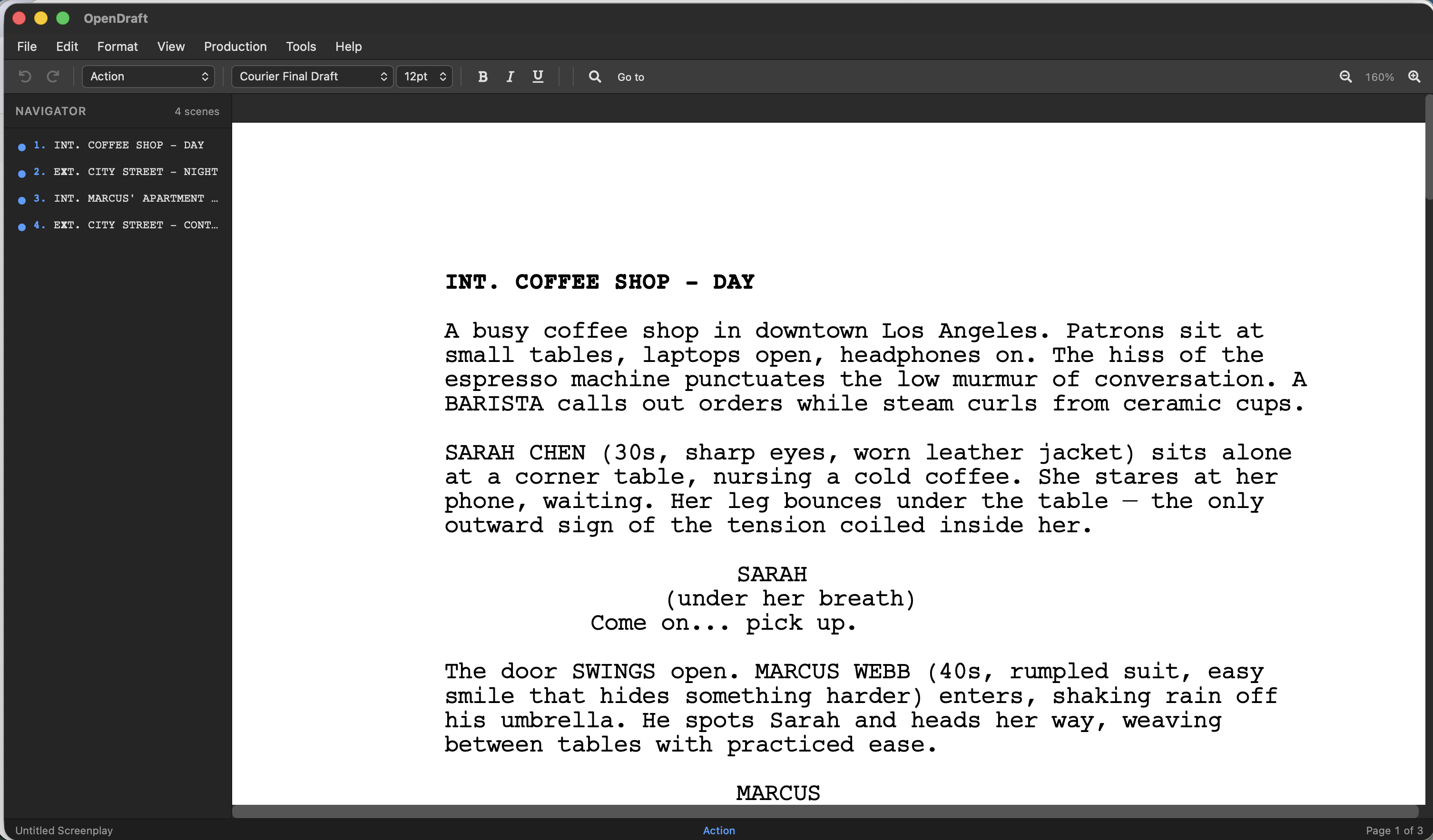 OpenDraft editor in dark theme showing dark toolbars and sidebars with white page