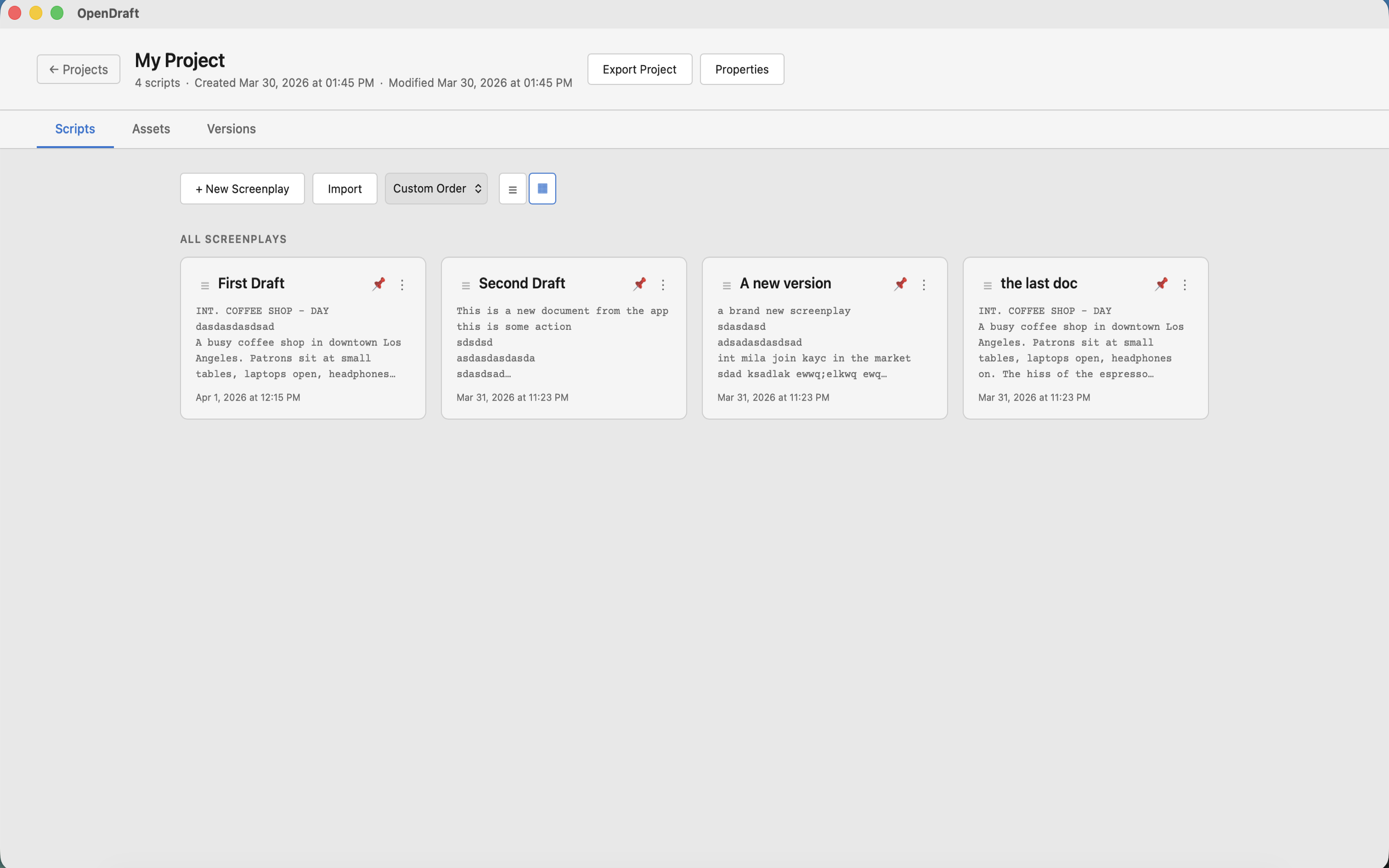 Inside a project showing the Scripts tab with screenplay cards, metadata, and action buttons