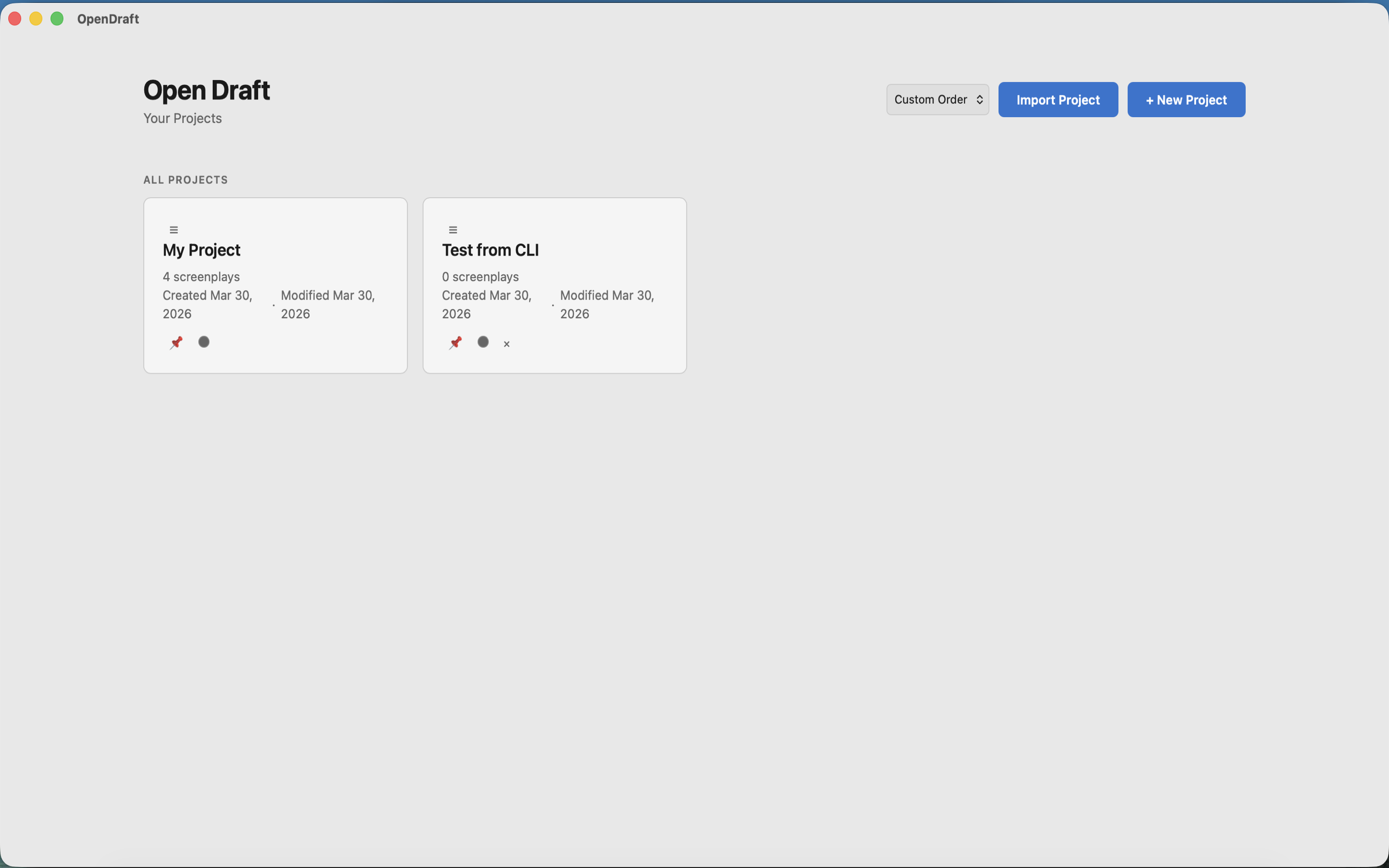 Projects screen showing project cards with names, script counts, and pin/color/delete actions