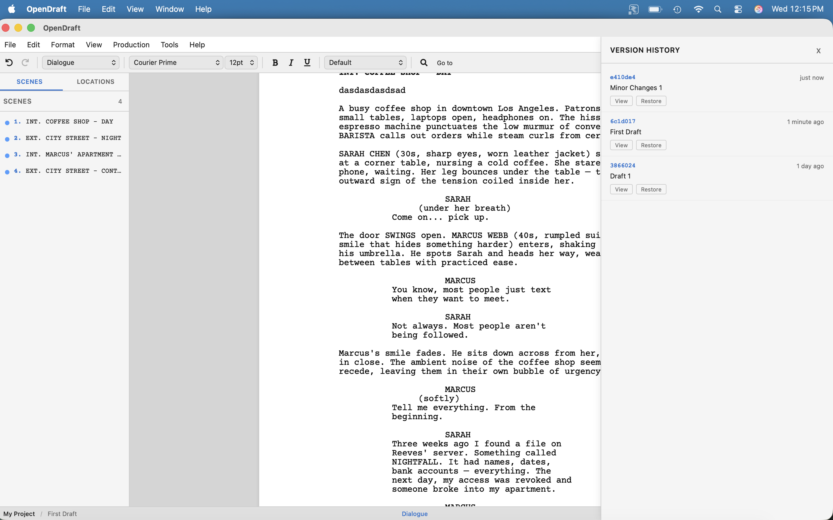 Version History panel showing saved versions with View and Restore buttons