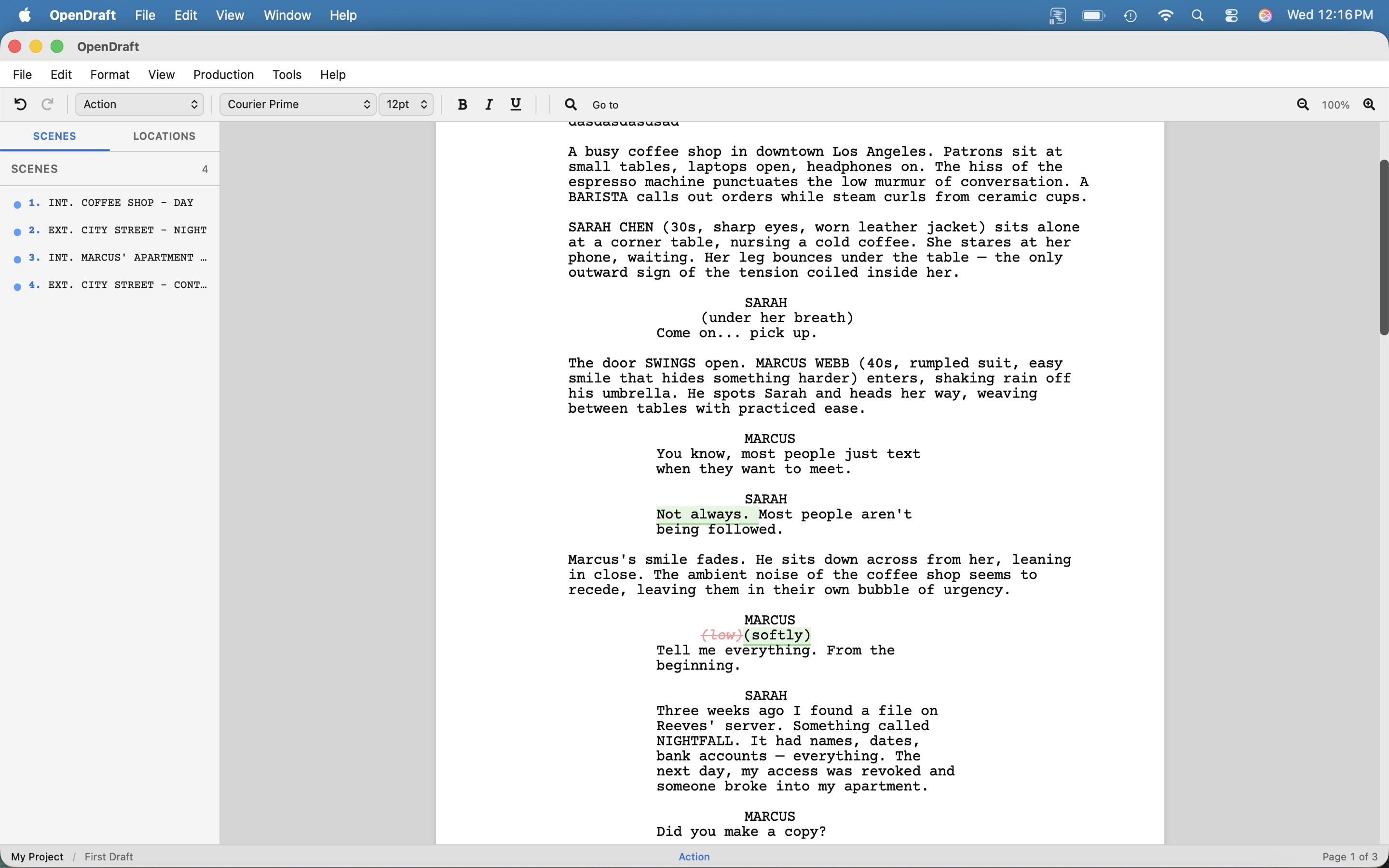 Track changes view showing green insertions and red strikethrough deletions inline
