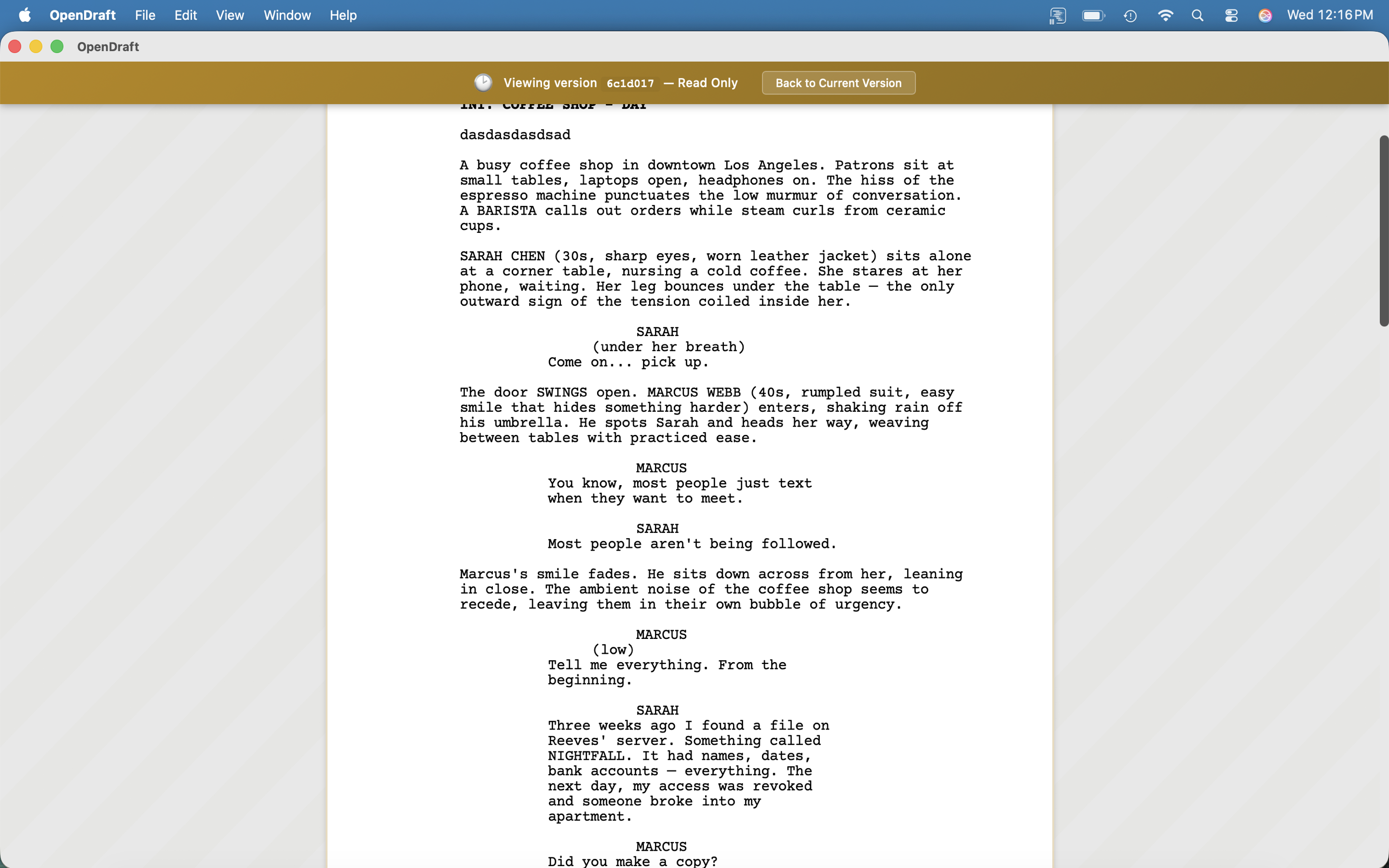 Viewing a past version in read-only mode with gold banner showing version hash