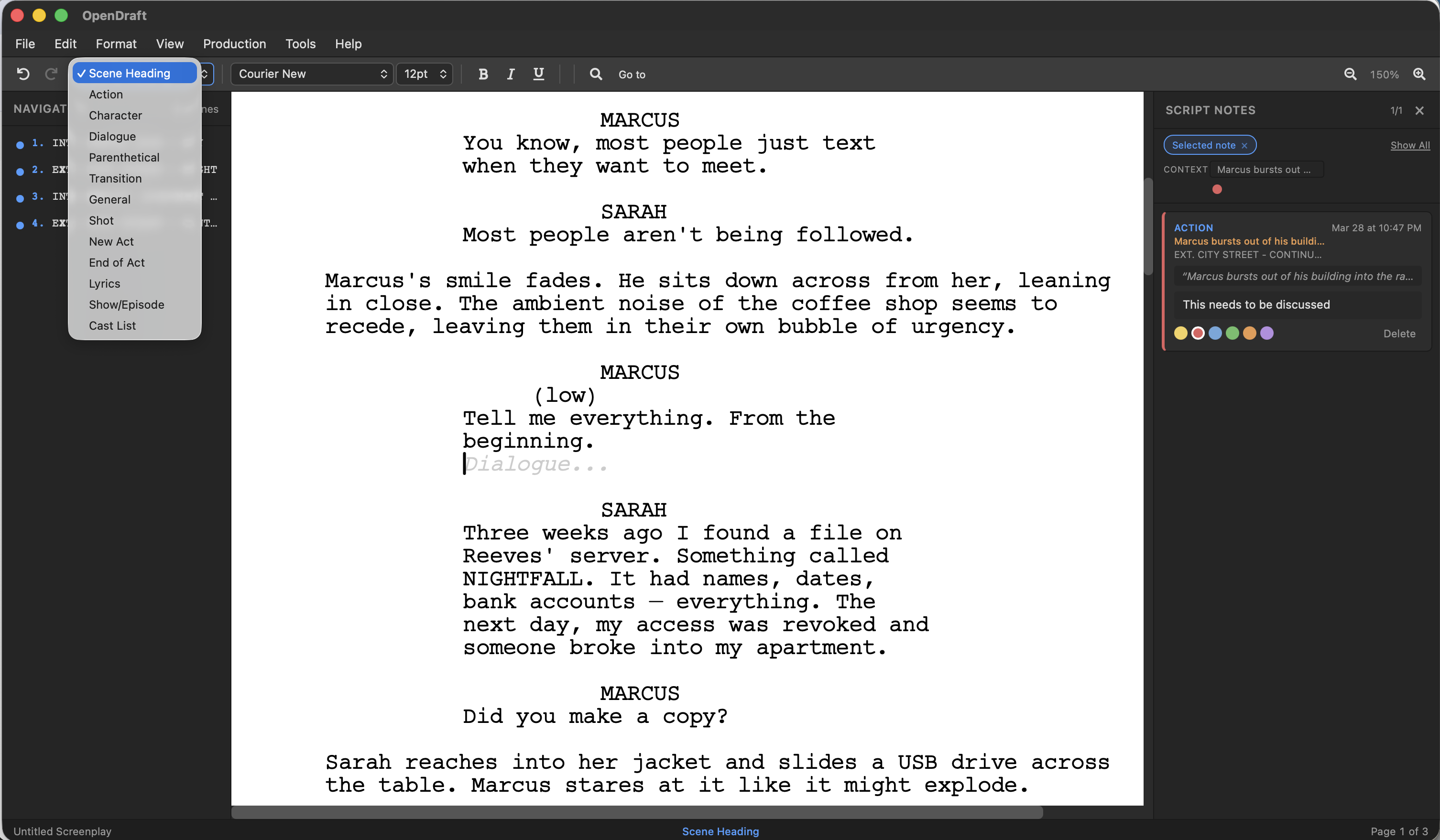 Editor showing screenplay elements dropdown, dialogue, action, and script notes panel